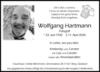 Anzeige von Wolfgang Hartmann von Westfälische Nachrichten