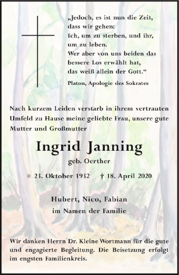 Anzeige von Ingrid Janning von Westfälische Nachrichten