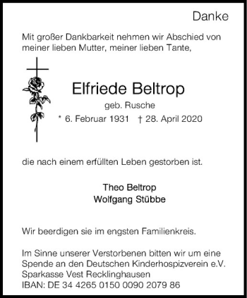 Anzeige von Elfriede Beltrop von Westfälische Nachrichten