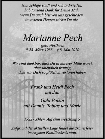 Anzeige von Marianne Pech von Westfälische Nachrichten