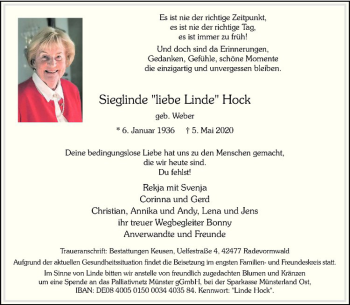 Anzeige von Sieglinde Hock von Westfälische Nachrichten