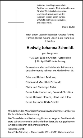 Anzeige von Hedwig Johanna Schmidt von Westfälische Nachrichten