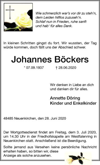 Anzeige von Johannes Böckers von Westfälische Nachrichten