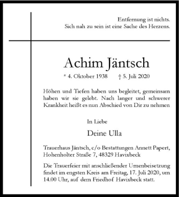 Anzeige von Achim Jäntsch von Westfälische Nachrichten