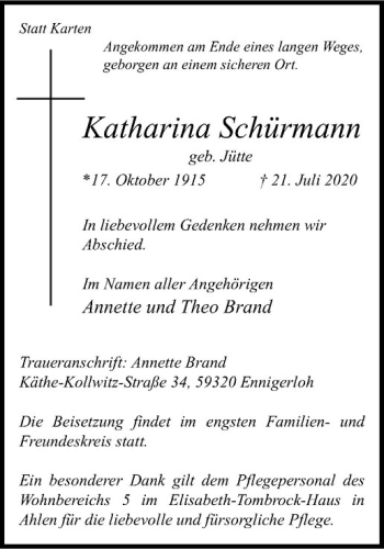 Anzeige von Katharina Schürmann von Westfälische Nachrichten