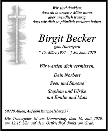 Anzeige von Birgit Becker von Westfälische Nachrichten