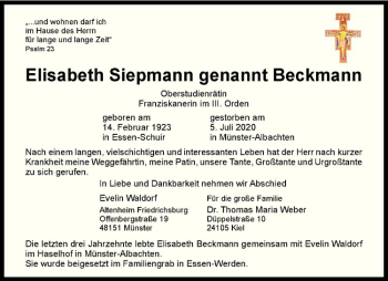 Anzeige von Elisabeth Siepmann genannt Beckmann von Westfälische Nachrichten