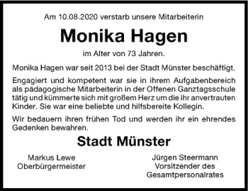 Anzeige von Monika Hagen von Westfälische Nachrichten