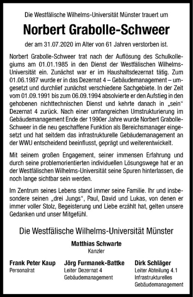  Traueranzeige für Norbert Grabolle-Schweer vom 08.08.2020 aus Westfälische Nachrichten