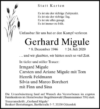 Anzeige von Gerhard Migule von Westfälische Nachrichten