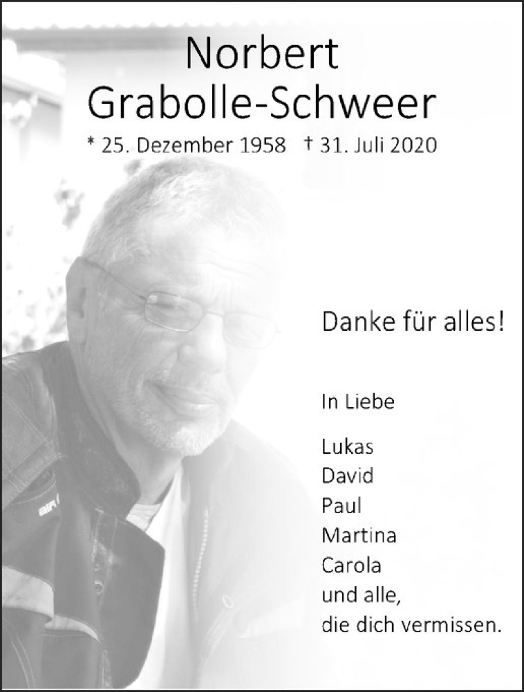  Traueranzeige für Norbert Grabolle-Schweer vom 08.08.2020 aus Westfälische Nachrichten