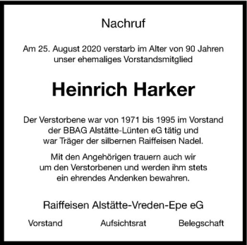 Anzeige von Heinrich Harker von Westfälische Nachrichten