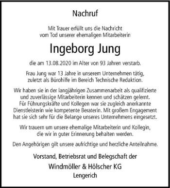 Anzeige von Ingeborg Jung von Westfälische Nachrichten