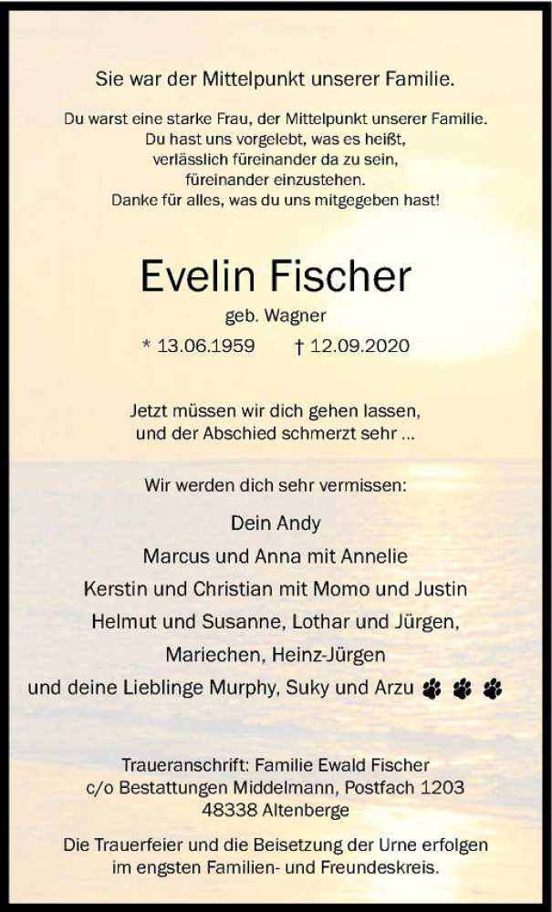  Traueranzeige für Evelin Fischer vom 19.09.2020 aus Westfälische Nachrichten