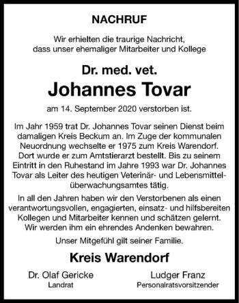 Anzeige von Johannes Tovar von Westfälische Nachrichten