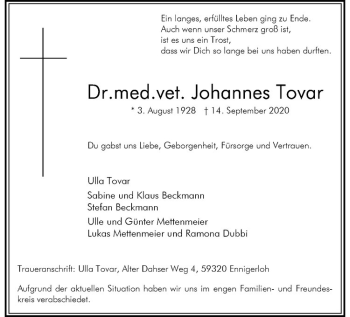 Anzeige von Johannes Tovar von Westfälische Nachrichten