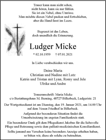 Anzeige von Ludger Micke von Westfälische Nachrichten