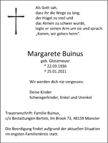 Anzeige von Margarete Buinus von Westfälische Nachrichten