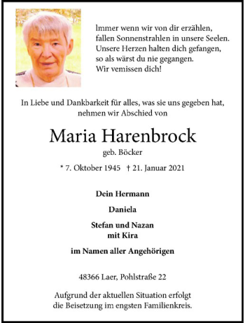 Anzeige von Maria Harenbrock von Westfälische Nachrichten