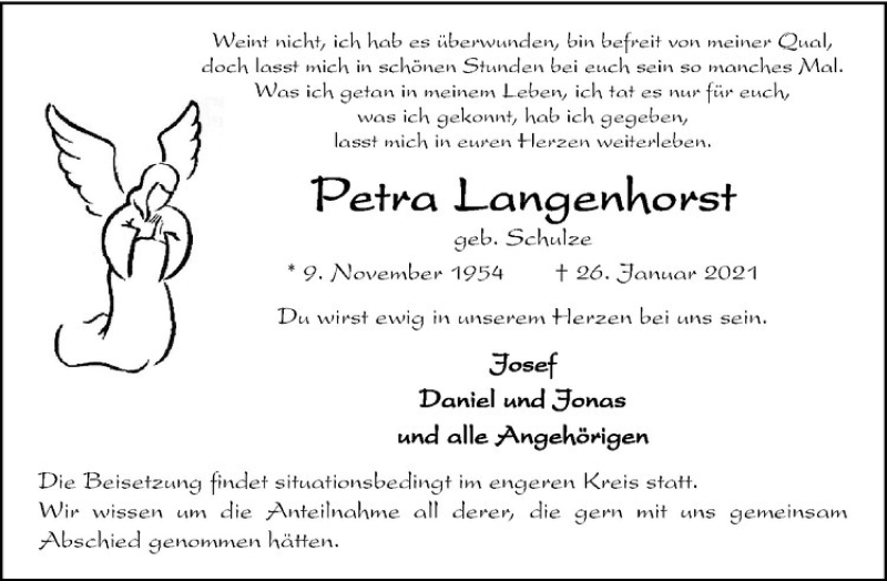  Traueranzeige für Petra Langenhorst vom 30.01.2021 aus Westfälische Nachrichten