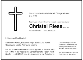 Anzeige von Christel Riese von Westfälische Nachrichten