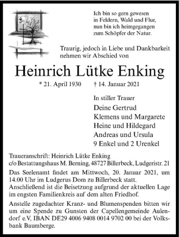 Anzeige von Heinrich Lütke Enking von Westfälische Nachrichten