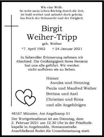 Anzeige von Birgit Weiher-Tripp von Westfälische Nachrichten