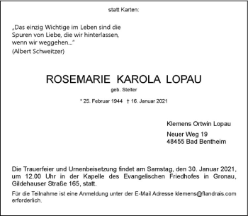 Anzeige von Rosemarie Karola von Westfälische Nachrichten