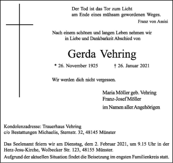 Anzeige von Gerda Vehring von Westfälische Nachrichten