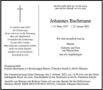 Anzeige von Johannes Bachmann von Westfälische Nachrichten