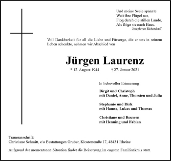 Anzeige von Jürgen Laurenz von Westfälische Nachrichten