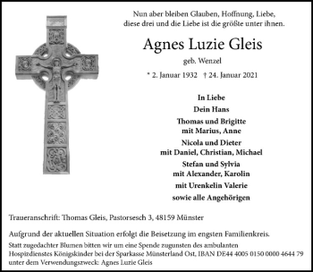 Anzeige von Agnes Luzie Gleis von Westfälische Nachrichten