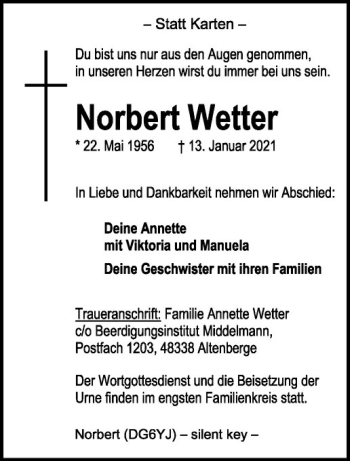 Anzeige von Norbert Wetter von Westfälische Nachrichten