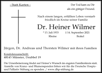 Anzeige von Heiner Wilmer 