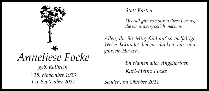  Traueranzeige für Anneliese Focke vom 09.10.2021 aus 