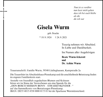 Anzeige von Gisela Wurm 