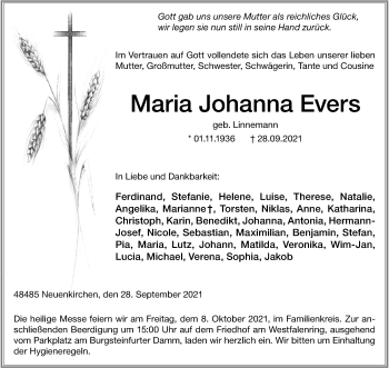 Anzeige von Maria Johanna Evers 