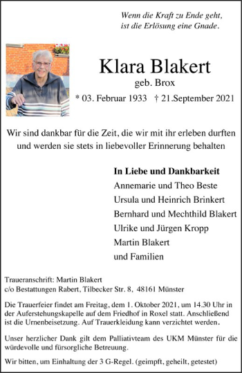 Anzeige von Klara Blakert 