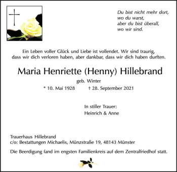 Anzeige von Maria Henriette Hillebrand 