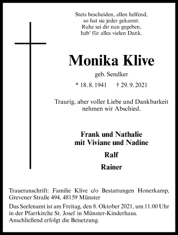 Anzeige von Monika Klive 