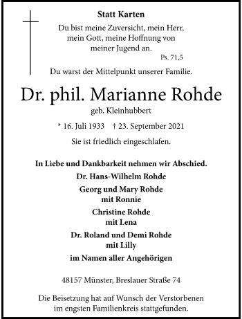 Anzeige von Marianne Rohde 