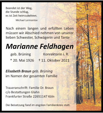 Anzeige von Marianne Feldhagen 