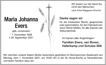 Anzeige von Maria Johanna Evers 