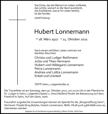 Anzeige von Hubert Lonnemann 