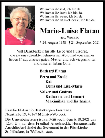 Anzeige von Marie-Luise Flatau 