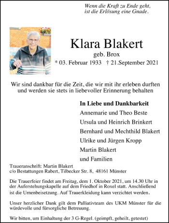 Anzeige von Klara Blakert 