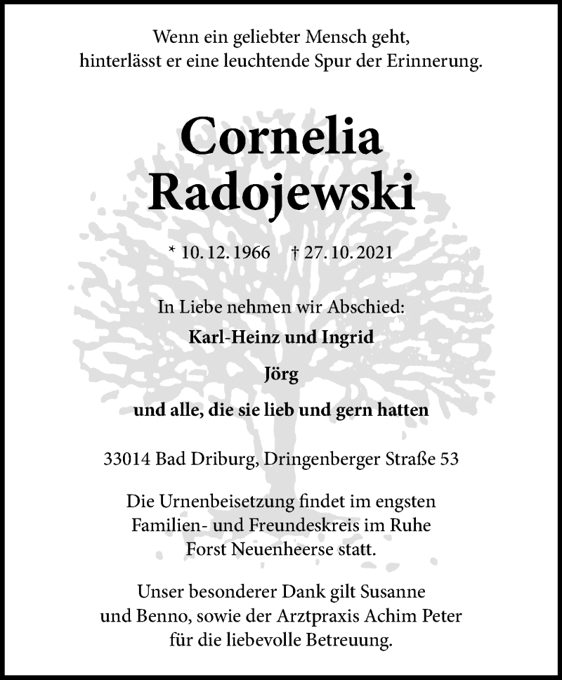  Traueranzeige für Cornelia Radojewski vom 06.11.2021 aus 