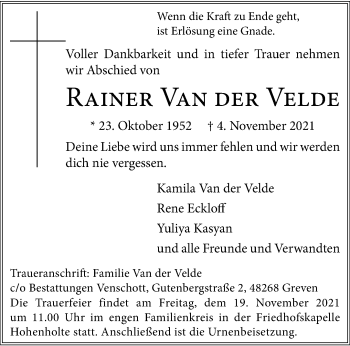 Anzeige von Rainer Van der Velde 