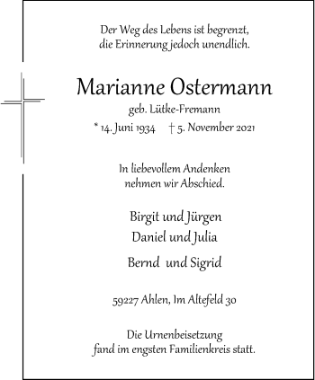 Traueranzeigen von Marianne Ostermann | www.trauer.ms