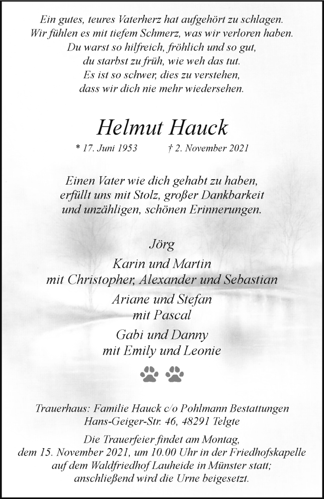  Traueranzeige für Helmut Hauck vom 10.11.2021 aus 